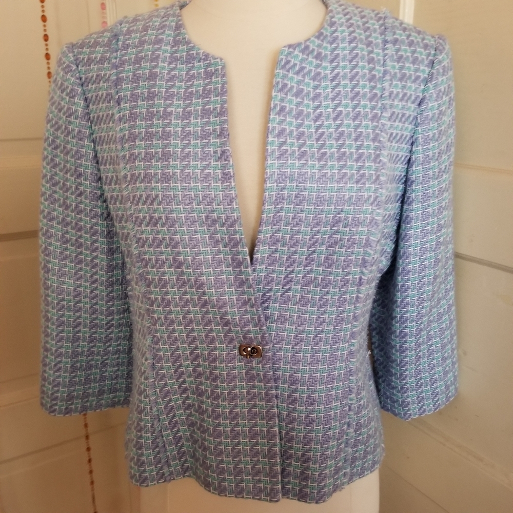 Sag Harbor Petite Tweed Blazer 6P Collarless Multicolor 3/4 Sleeve